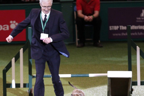  British television personality O'Grady leads a Staffordshire Bull Terrier through an obstacle course at the Crufts dog show in Birmingham