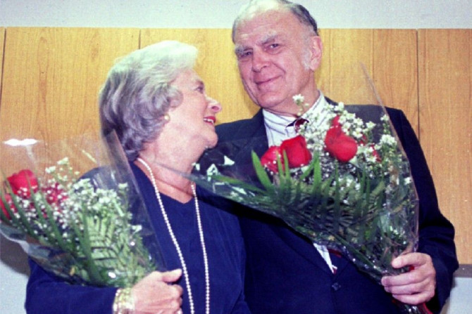 Professor F. Sherwood Rowland shares a happy moment with his wife, Joan, following the October 11, 1995 announcement that he would be awarded the Nobel Prize in chemistry.