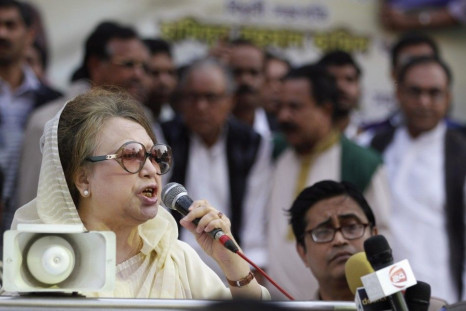 BNP Chairperson Begum Khaleda Zia speaks during a rally before a mass procession in front of their party office in Dhaka