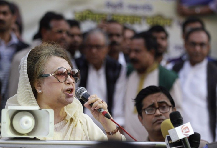 BNP Chairperson Begum Khaleda Zia speaks during a rally before a mass procession in front of their party office in Dhaka