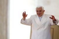 Pope Benedict XVI waves during his Wednesday general audience in Saint Peter&#039;s Square at the Vatican