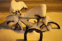 Several inches of snow cover a bicycle in Flagstaff, Arizona March18, 2012. The late winter storm kept temperatures well below normal in California on Sunday and generated heavy snow fall in several states, including Arizona, where several highways in the