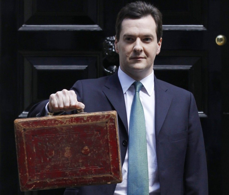 Chancellor George Osborne with traditional Gladstone Box of budget papers 