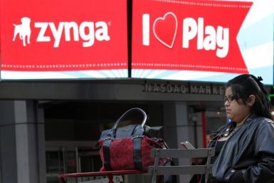 The corporate logo for Zynga is seen on a screen outside the Nasdaq Market Site in New York, December 16, 2011.