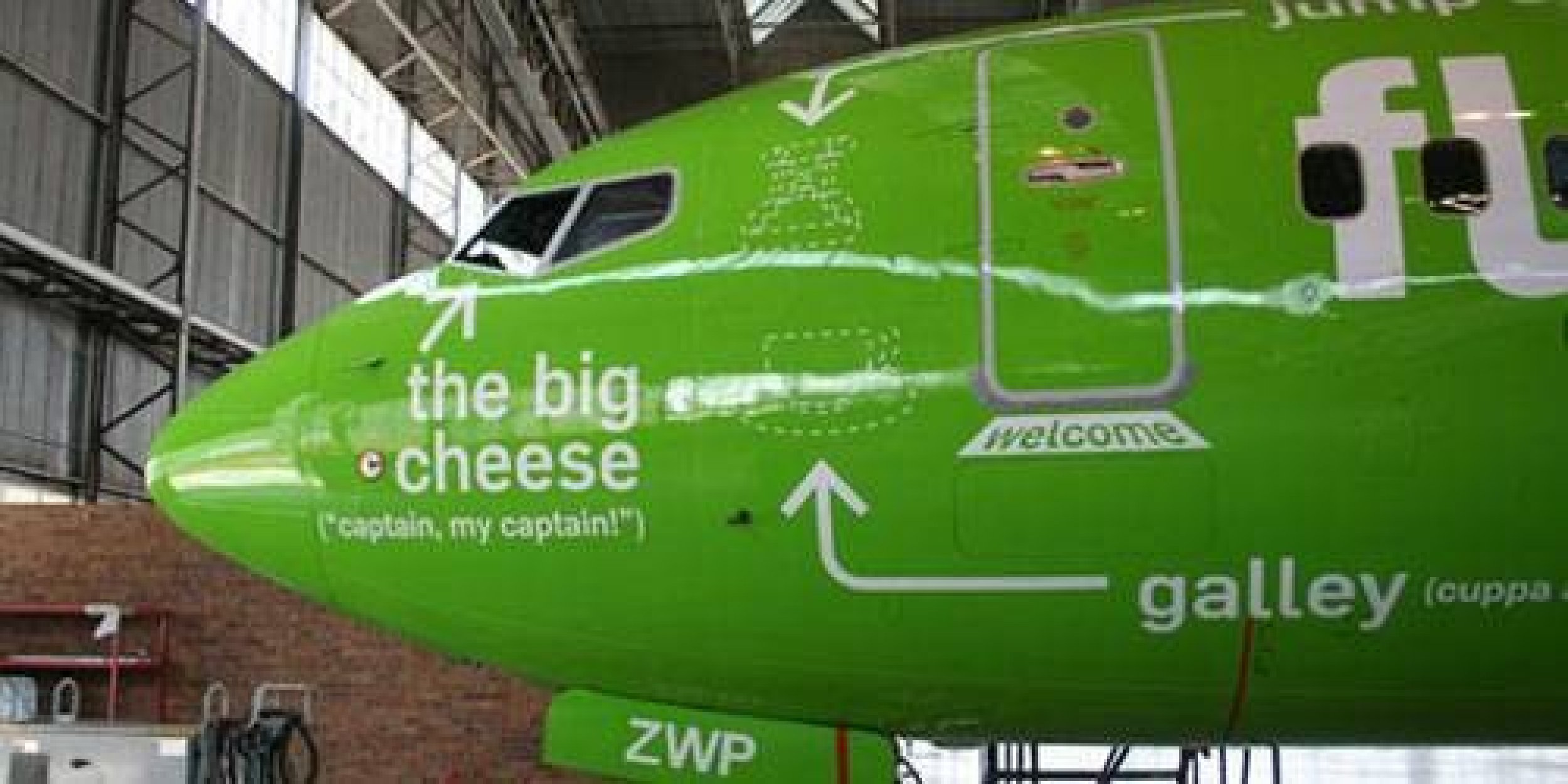 In case you didnt know the different parts of an airplane, Kulula Airlines has marked its own jet to tell you what everything is. Here, you can see where quotthe big cheesequot sits and where they make the coffee.