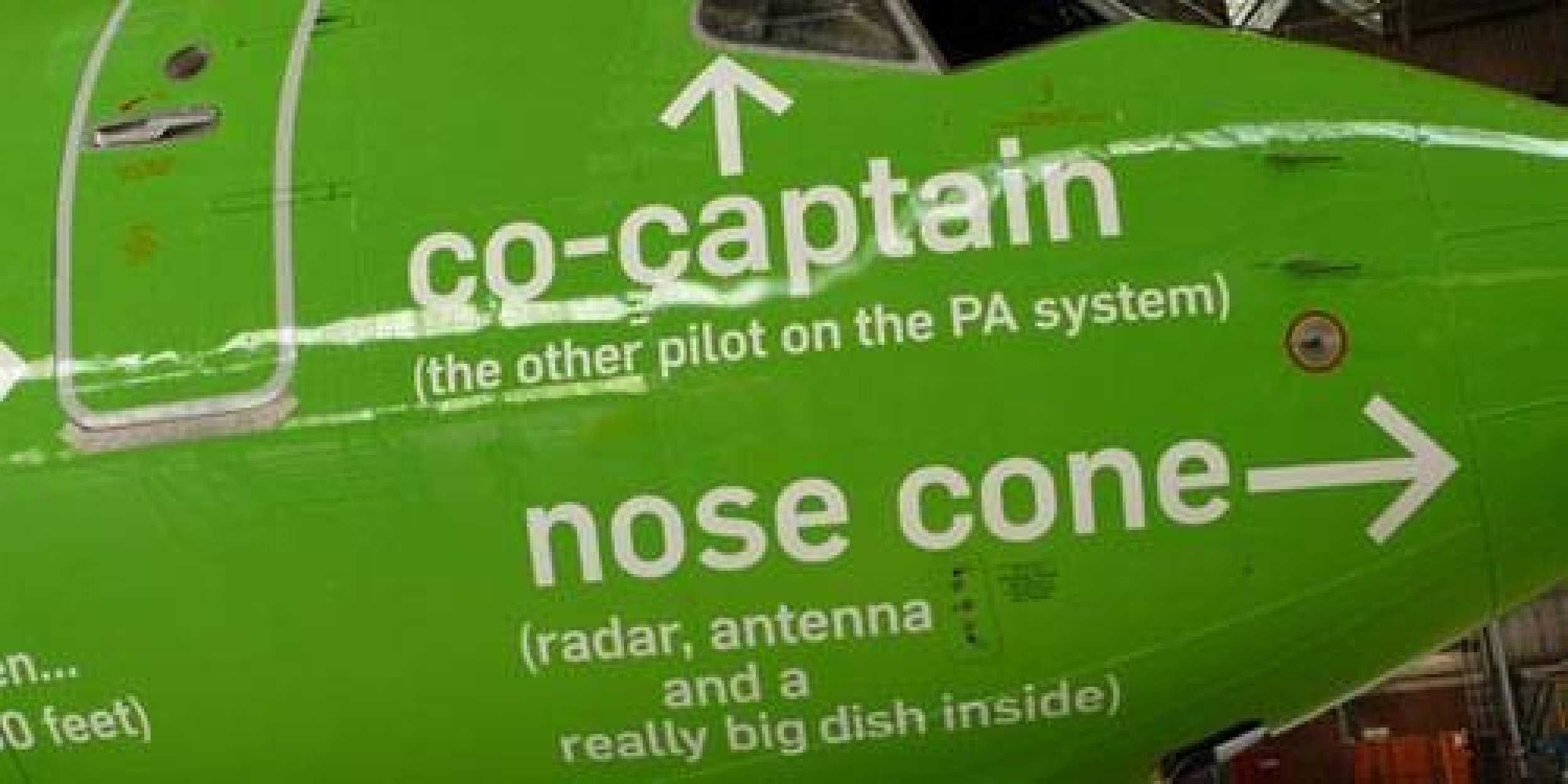In case you didnt know the different parts of an airplane, Kulula Airlines has marked its own jet to tell you what everything is. Here, you can see where the co-captain sits, and what fits inside the nose cone of the plane.