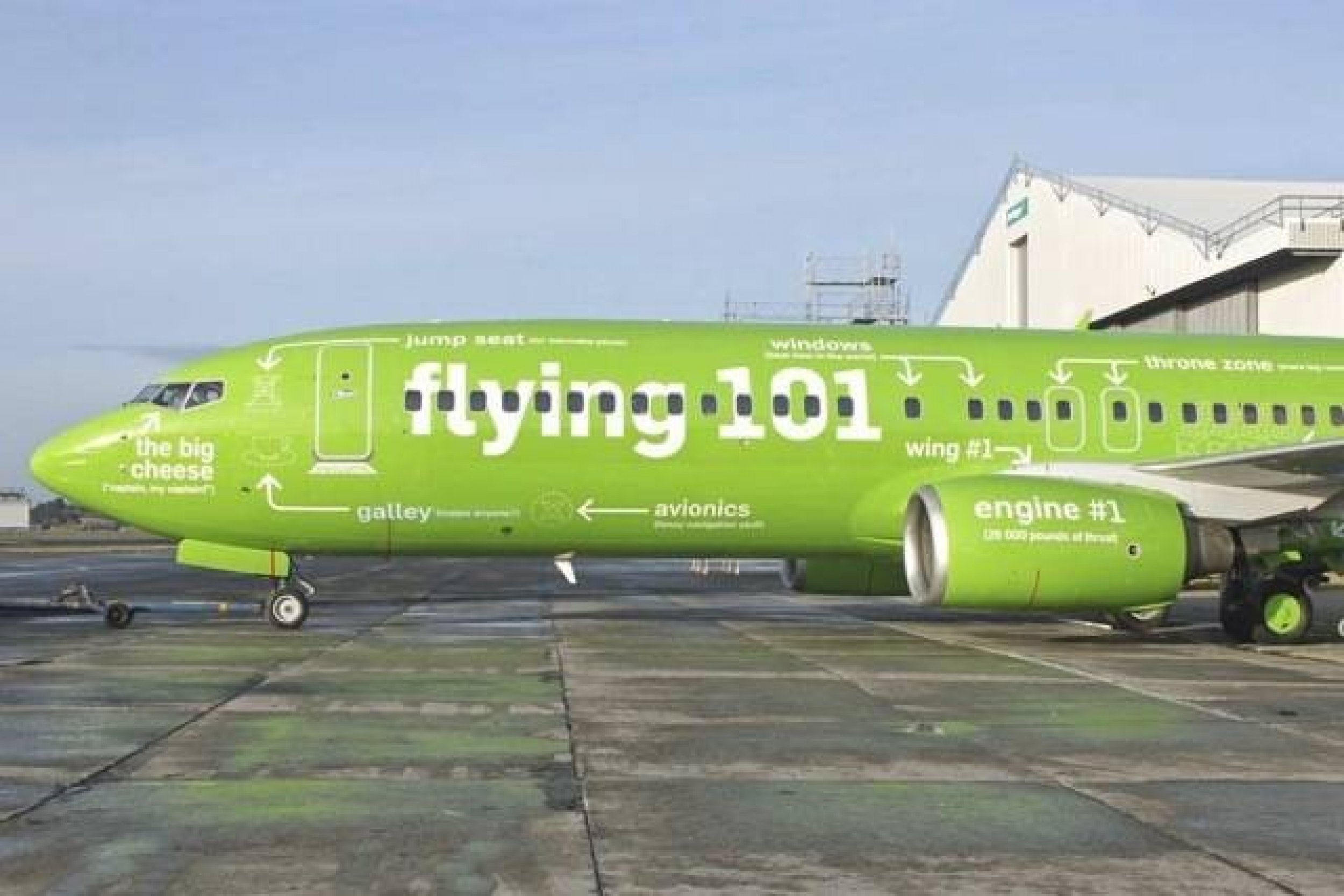In case you didnt know the different parts of an airplane, Kulula Airlines has marked its own jet to tell you what everything is. Here is the left side of the plane, which shows the locations of the jump seat and the avionics, and to be funny, Kulula als