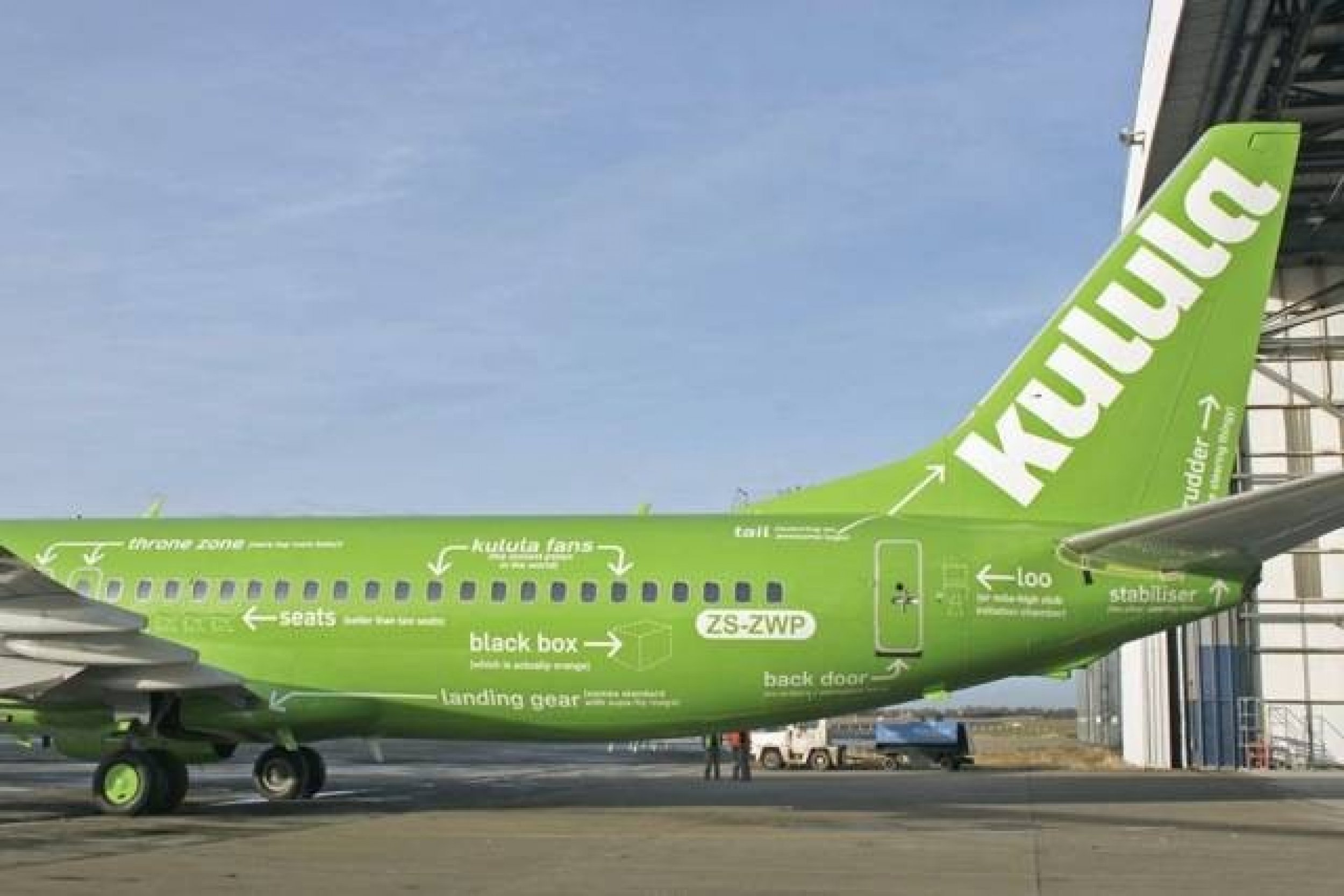In case you didnt know the different parts of an airplane, Kulula Airlines has marked its own jet to tell you what everything is. Another view from the left side of the plane, which shows the loo, the rear stabilizer, the tail, and the rudder.
