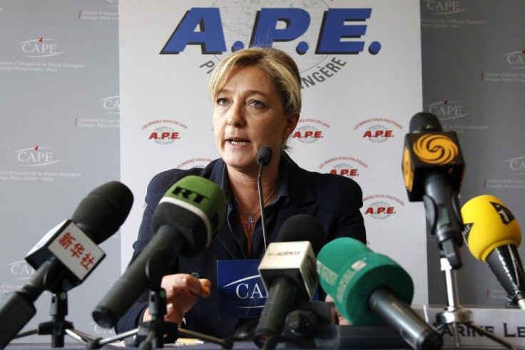 Marine Le Pen, France&#039;s National Front head and far right candidate for 2012 French presidential election, attends a press conference at the CAPE in Paris