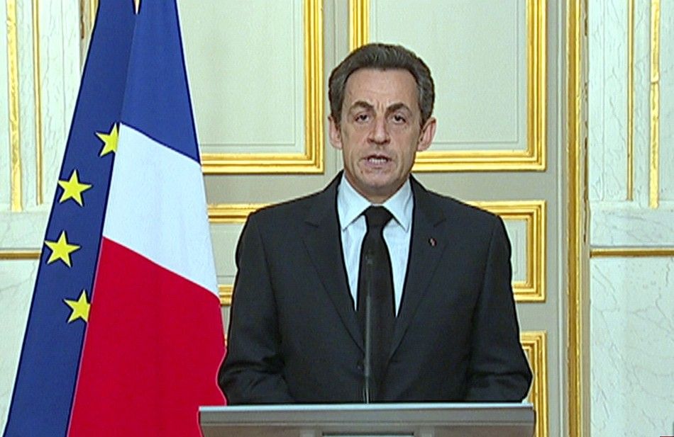 Frances President Sarkozy seen making a statement on French national television from the Elysee Palace in Paris in a still image taken from video 