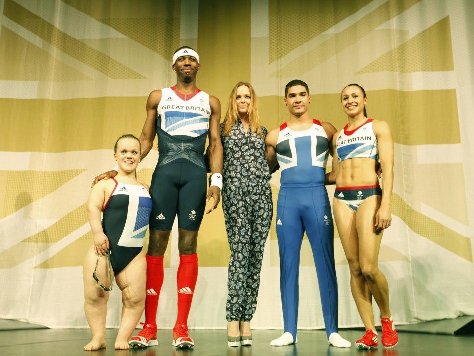 Eleaonor Simmonds L-R, triple jumper Phillips Idowu, gymnast Louis Smith and heptathlete Jessica Ennis pose wearing the new Team GB kits designed by British designer Stella McCartney C for the London 2012 Olympic Games, at a media viewing in London Ma