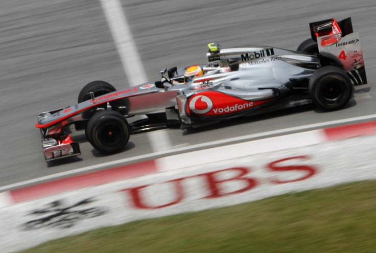 McLaren Formula One driver Hamilton drives during the second practice session of the Malaysian F1 Grand Prix at Sepang International Circuit