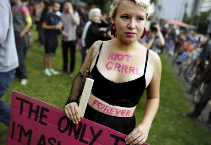 A woman takes part in SlutWalk rally against sexual abuse in central Berlin