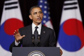 U.S. President Barack Obama delivers a speech at the Hankuk University of Foreign Studies in Seoul