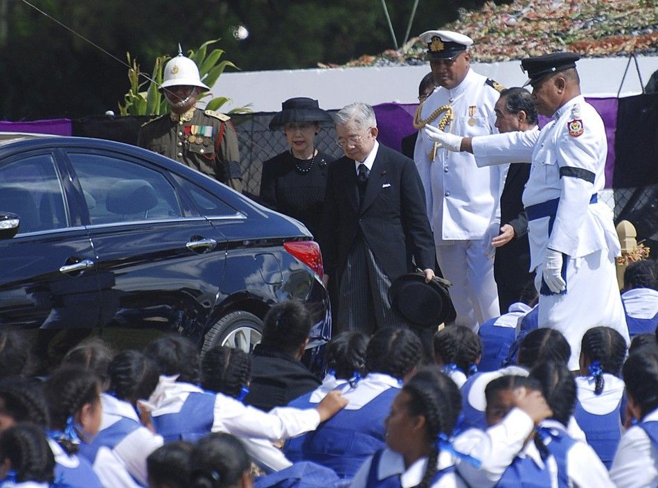 Prince Masahito Hitachi of Japan and his wife Princess Hanako Hitachi arrive at the funeral of King Tupou V in Tonga039s capital Nuku039alofa
