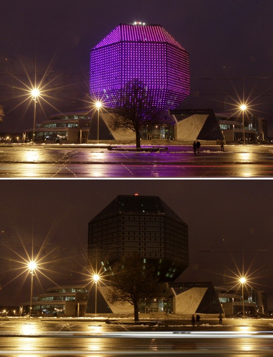 A combination picture shows national library before top and after the lights are turned off during Earth Hour in Minsk, March 31, 2012. 