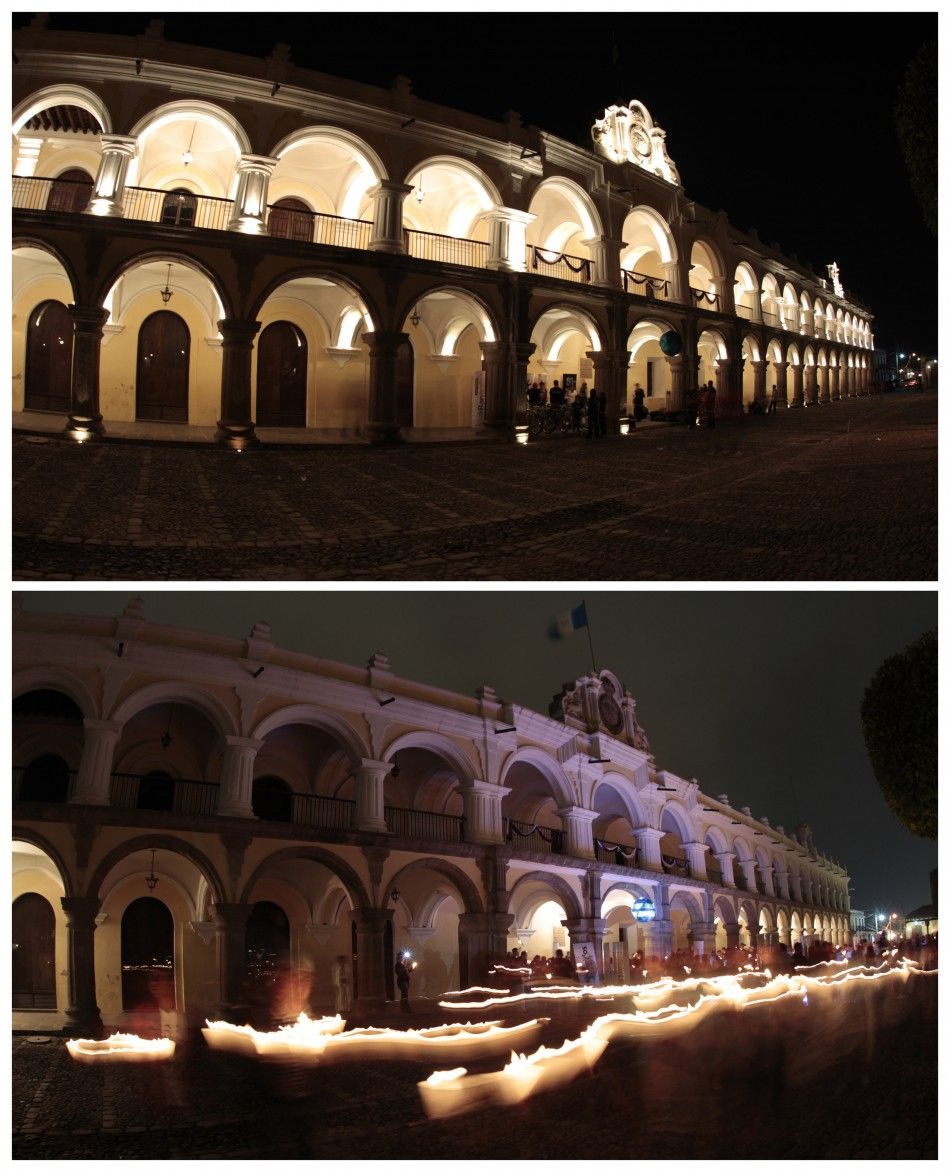 A combination photo shows The Palacio de los Capitanes with the lights turned off top and with the lights turned on during Earth Hour in the Central Place of Antigua, about 42 km 26 miles from Guatemala City, March 31, 2012. 