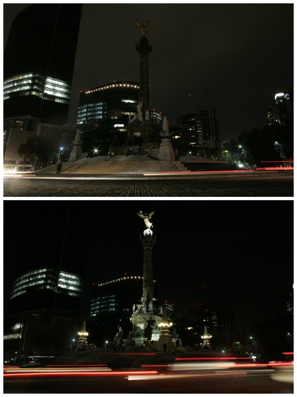 A combination photo shows The Angel of Independence statue with the lights turned off top and with the lights switched back on in participation with Earth Hour in Mexico City March 31, 2012.