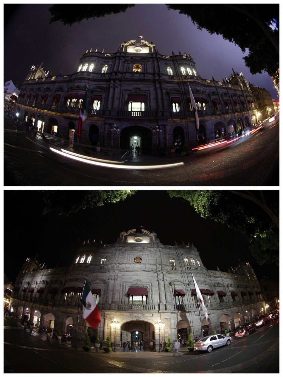 A combination photo shows The City Hall of Puebla with the lights turned off top and with the lights turned back on in participation with Earth Hour in Puebla March 31, 2012. 