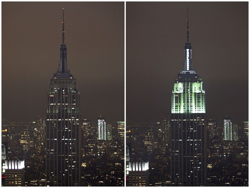 A combination photo shows the Empire State Building with the lights turned off L, and with the lights switched back on in participation with Earth Hour, in New York, March 31, 2012.