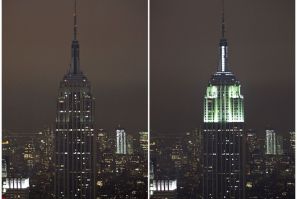 A combination photo shows the Empire State Building with the lights turned off (L), and with the lights switched back on in participation with Earth Hour, in New York, March 31, 2012.