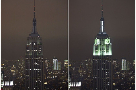 A combination photo shows the Empire State Building with the lights turned off (L), and with the lights switched back on in participation with Earth Hour, in New York, March 31, 2012.