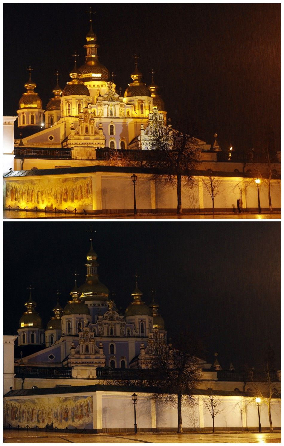 A combination photo shows the Mikhaylo St. Michael Golden Cupolas Cathedral before top and during Earth Hour in Kiev March 31, 2012. 