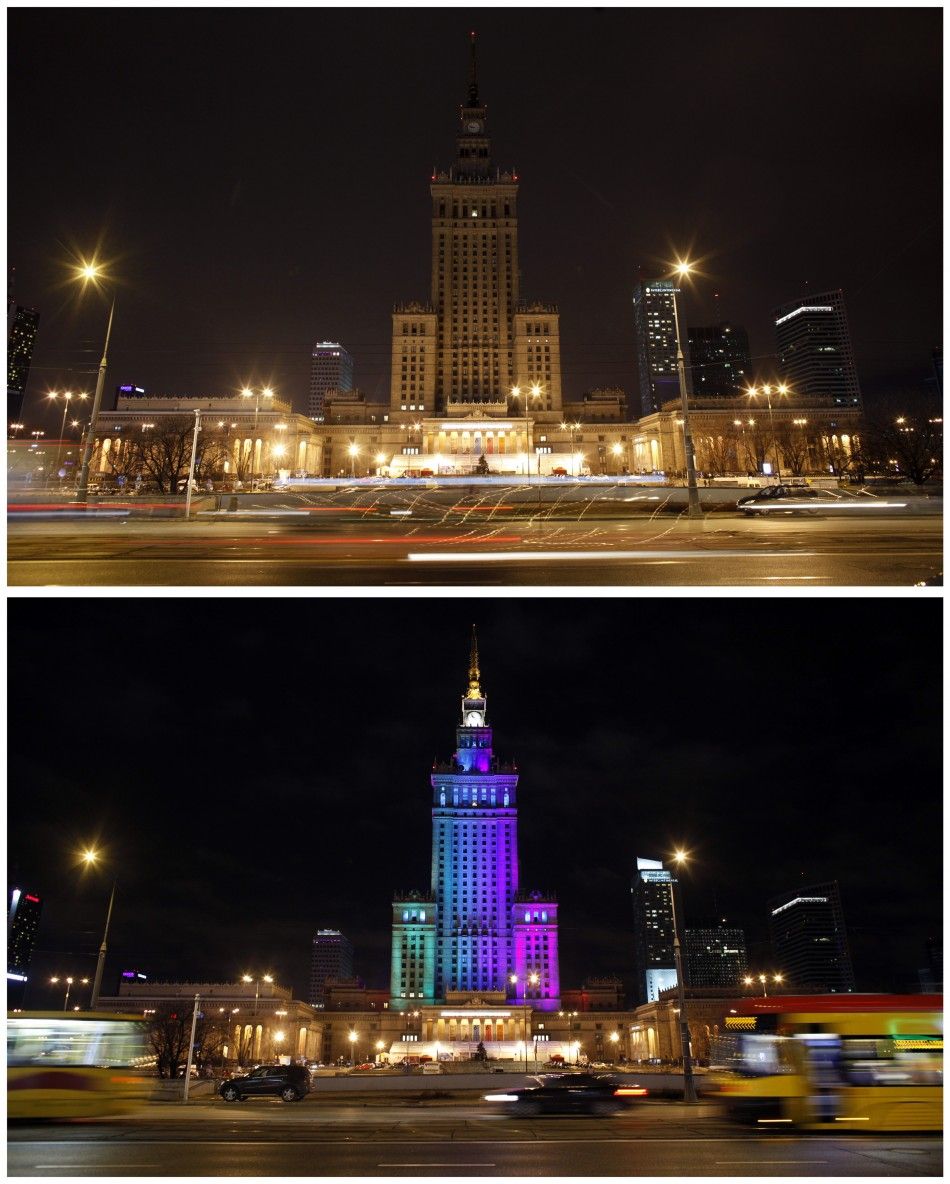 A combination picture shows the Palace of Culture during top and after Earth Hour in Warsaw March 31, 2012. 
