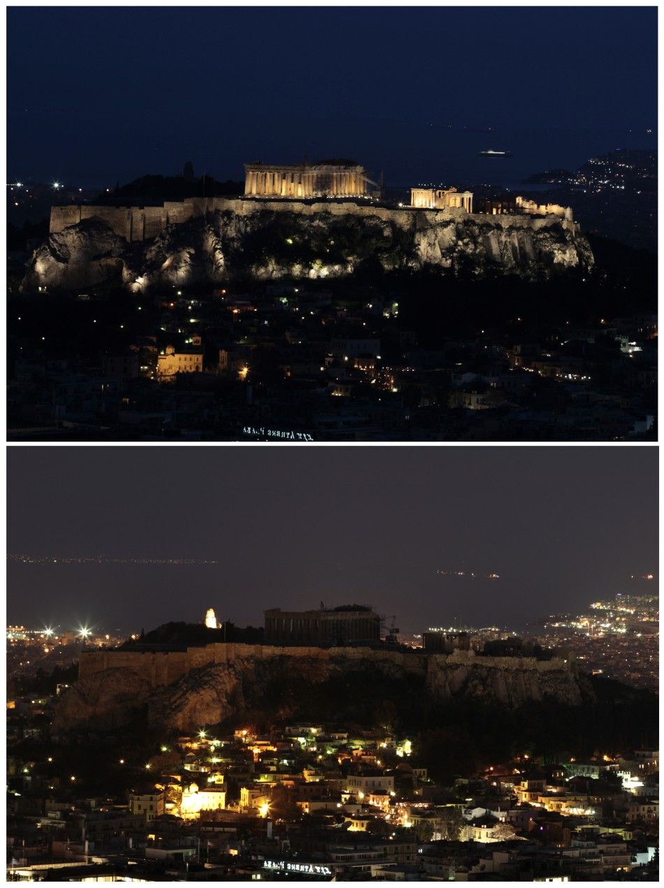 A combination picture shows the hill of the Acropolis before top and during Earth Hour in Athens March 31, 2012. E