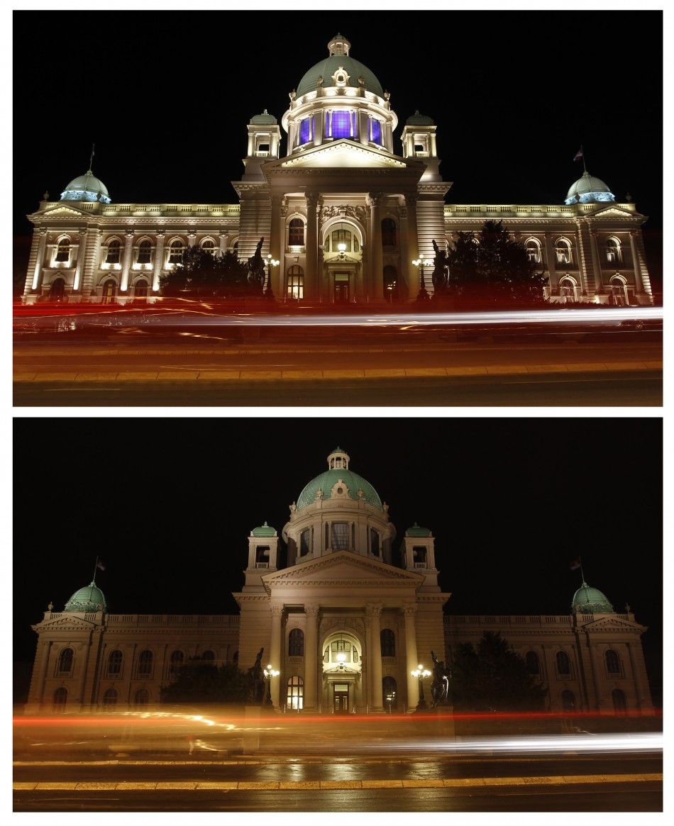 A combination photo shows the Serbian Parliament building, before top and during Earth Hour in Belgrade March 31, 2012.