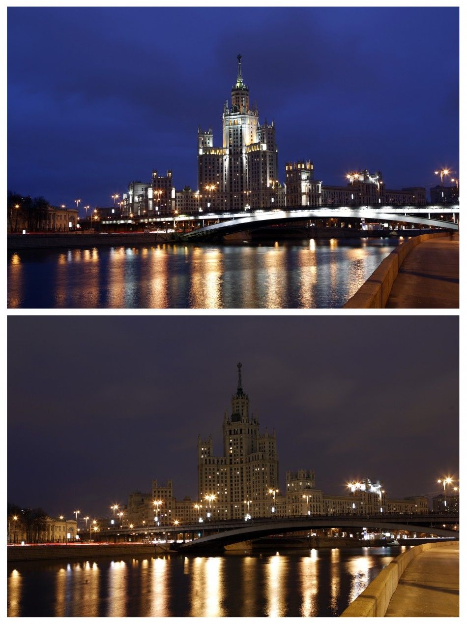 A combination photo shows a Soviet era skyscraper on Kotelnicheskaya Embankment near the Moskva River before top, and during Earth Hour in Moscow March 31, 2012.