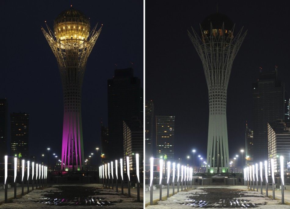 A combination shows the 97-metre monument Baiterek before L and during Earth Hour in Kazakhstans capital Astana, March 31, 2012. 