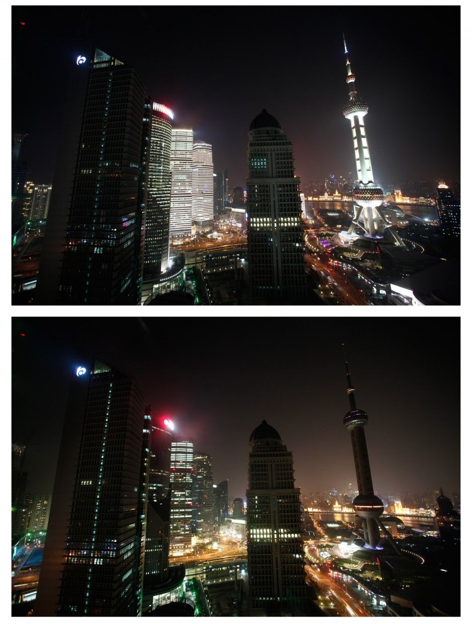 A combination photo shows financial district during Earth Hour bottom in Shanghai March 31, 2012.