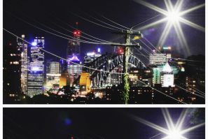 A combination picture shows power lines crossing in front of the Sydney Harbour Bridge and city skyline on March 29, 2012 (top) before Earth Hour, and during Earth Hour March 31, 2012.