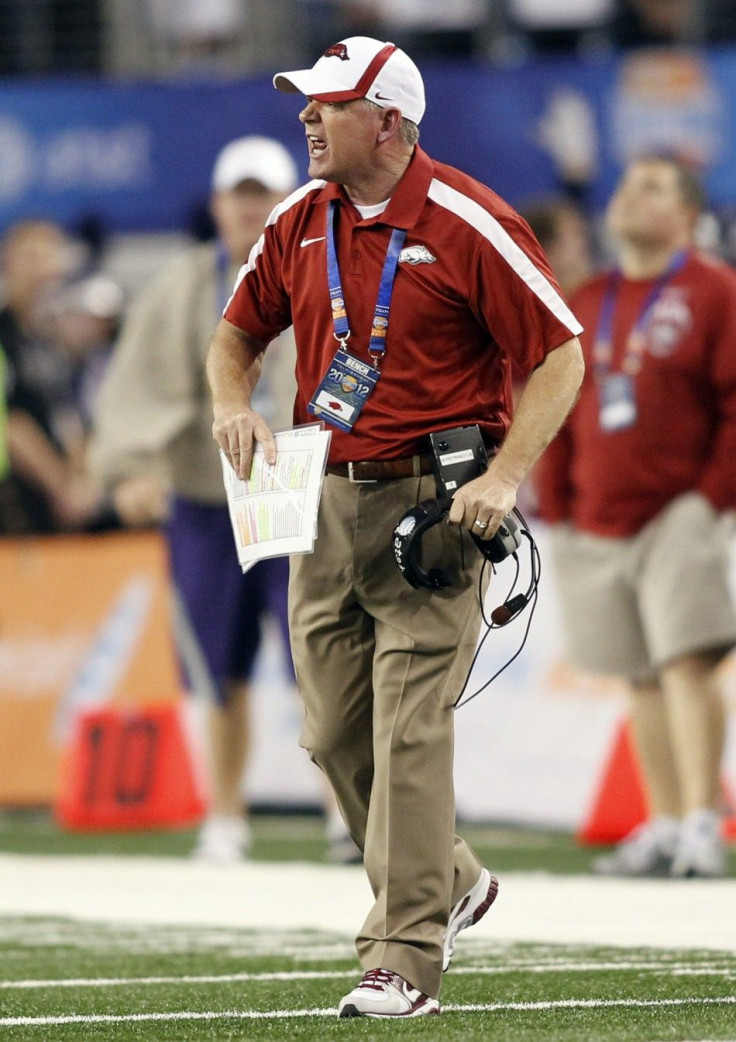 Arkansas head coach Petrino reacts against Kansas State during the Cotton Bowl Classic football game in Arlington, Texas