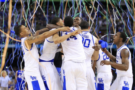 Kentucky Wildcats celebrate defeating Kansas Jayhawks to win men's NCAA Final Four championship college basketball game in New Orleans, 03/04/2012