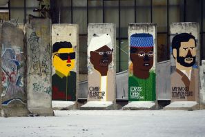 Portraits of North Korea&#039;s President KimJong-Il, Sudan&#039;s President Omar Al-Bashir, Chad&#039;s President Idriss Deby and Iran&#039;s President Mahmoud Ahmadinejad are seen painted on concrete blocks from the Berlin wall in Berlin