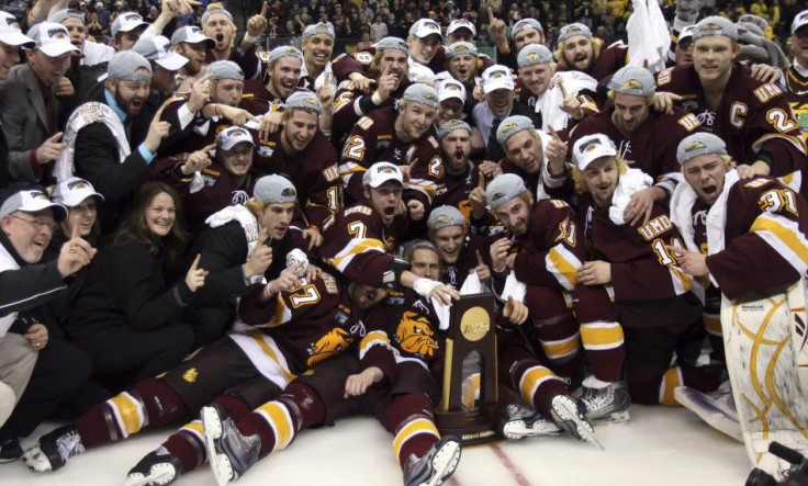 Minnesota-Duluth celebrates after winning the Frozen Four last year.