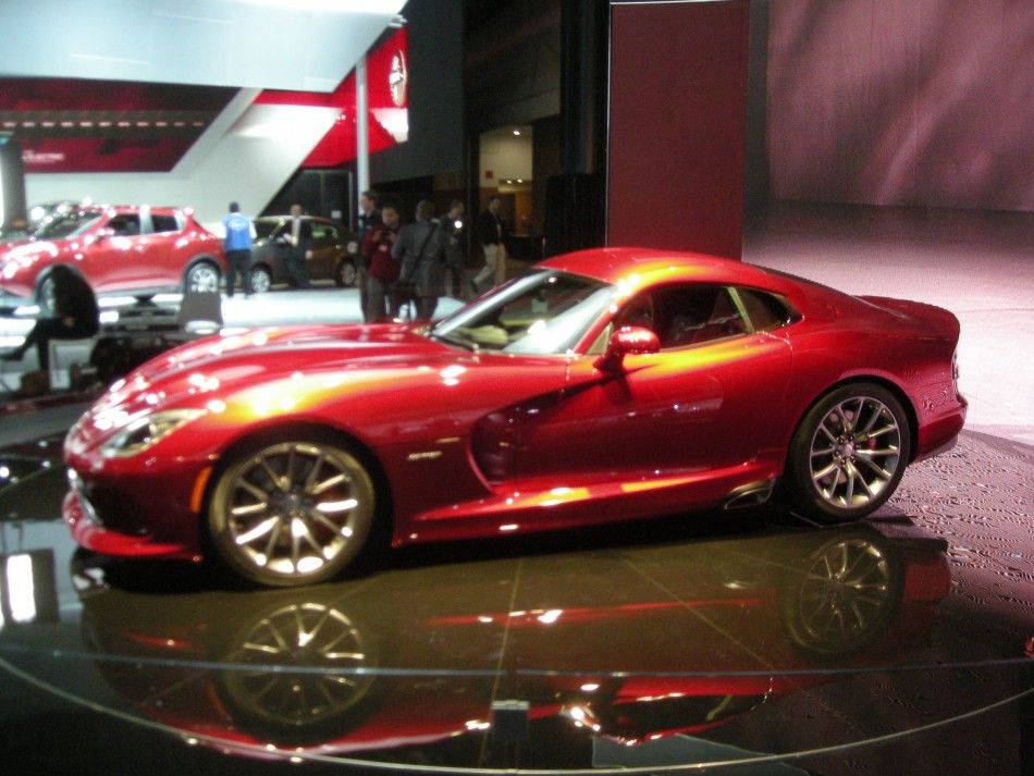 The new SRT 2013 Viper on a pedestal at the New York International Auto Show 2012.