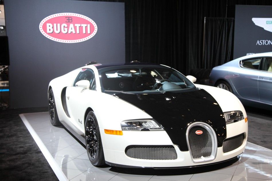 The 2012 Bugatti Veyron Blanc Noir seen from the front at the New York International Auto Show 2012.