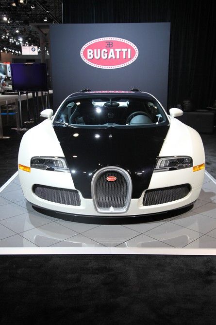 The 2012 Bugatti Veyron Blanc Noir up close from the front at the New York International Auto Show 2012.