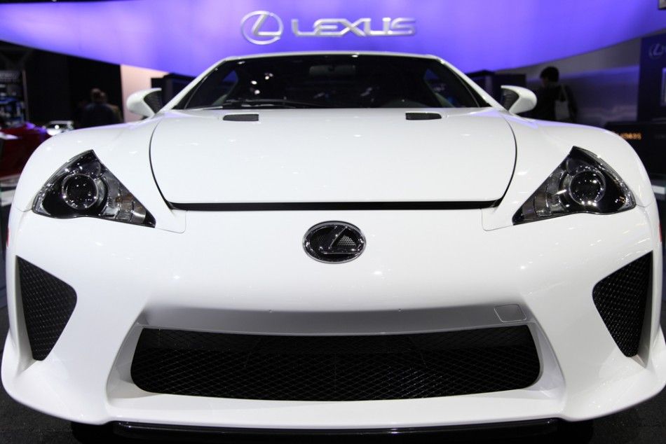 The Lexus LFA supercar glares aggressively at the camera at the New York International Auto Show 2012.