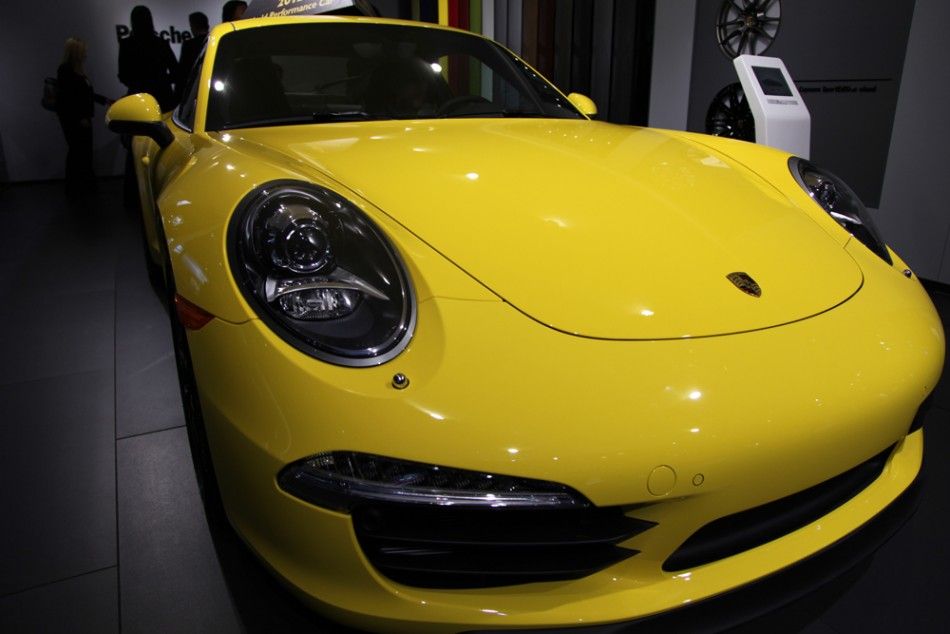 The front of the Porsche 911, World Performance Car of the Year 2012, at the New York International Auto Show 2012.