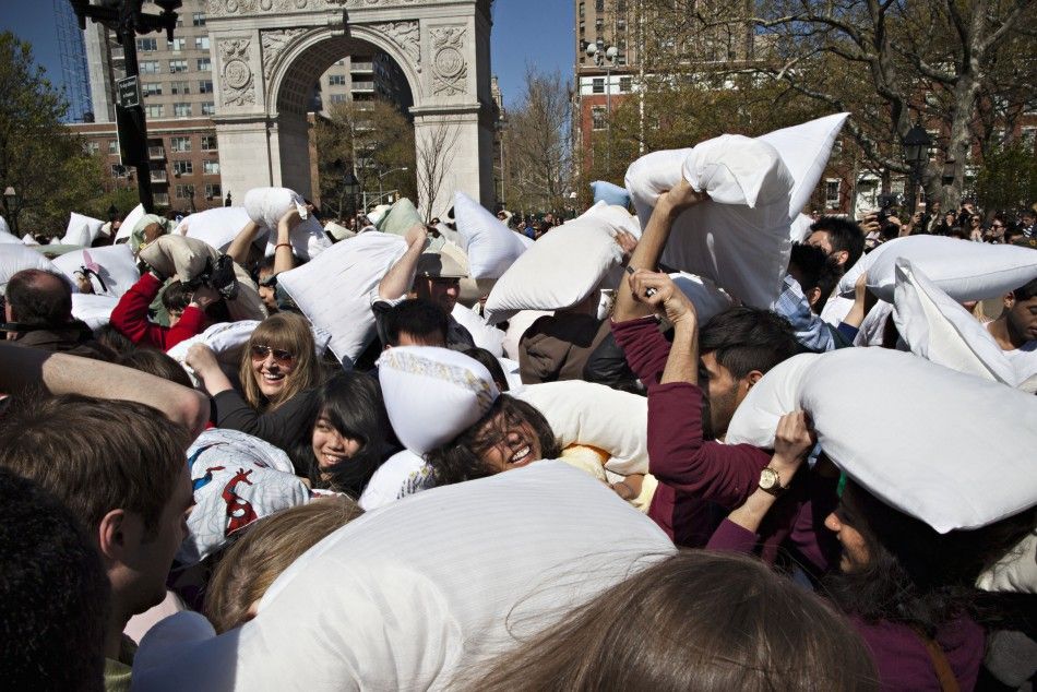  People participate in International Pillow Fight Day at Washington Square Park, in New York