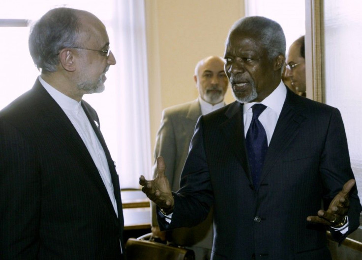 U.N. Arab League Envoy on Syria Kofi Annan and Iran&#039;s Foreign Minister Ali Akbar Salehi