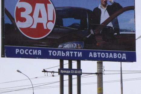 A presidential campaign poster for Russia's PM Putin is on display in Tolyatti