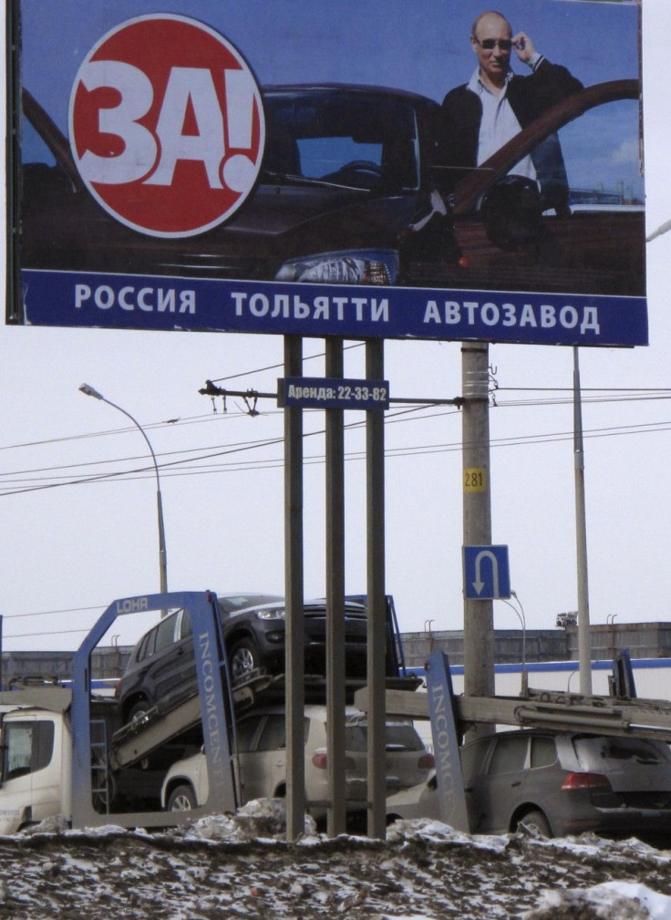 A presidential campaign poster for Russia's PM Putin is on display in Tolyatti
