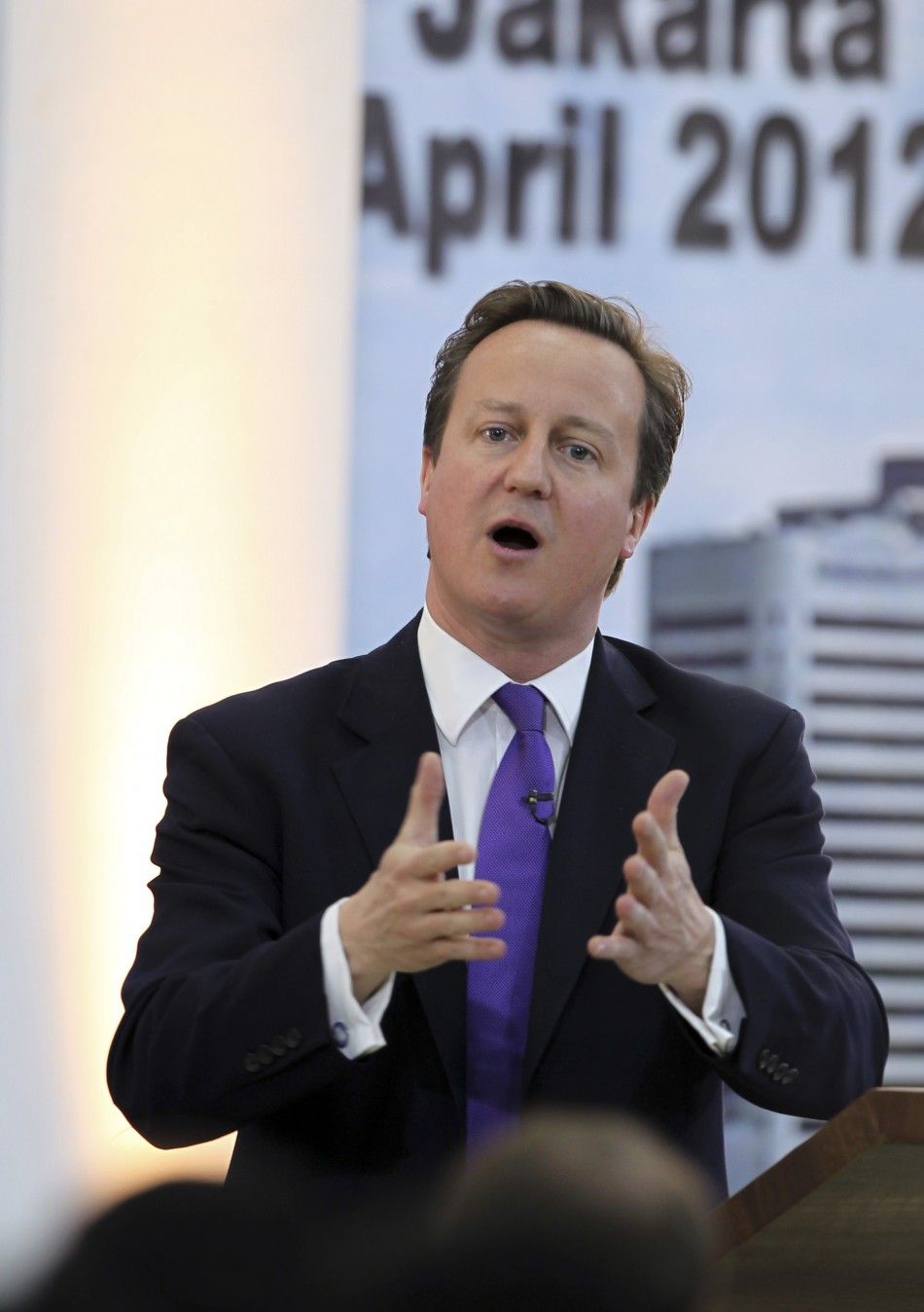 British Prime Minister David Cameron deliver his speech as he visit the Al-Azhar University in Jakarta