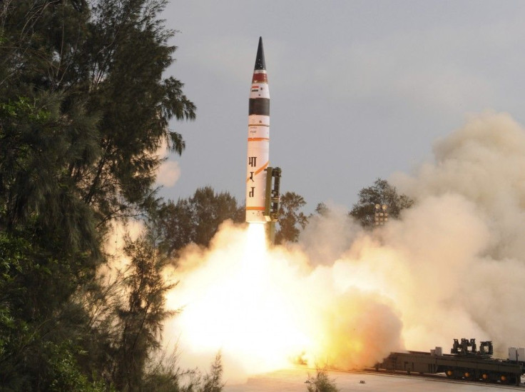 A surface-to-surface Agni V missile is launched from the Wheeler Island off the eastern Indian state of Orissa.