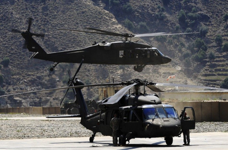 A U.S. Army Black Hawk helicopter takes off from FOB Bostick in eastern Afghanistan&#039;s Naray district